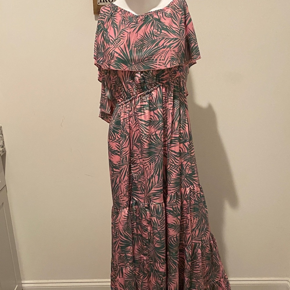 Elan Pink and Green Leaf Print Maxi Dress